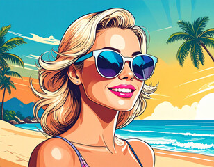 Attractive Woman With Sun Glasses At The Beach, Retro Pop Art Style. 