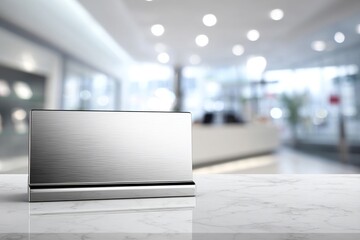 Silver nameplate on marble, blurred lobby background, creating depth and modern feel