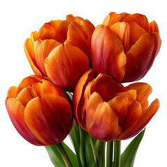 A close up of four vibrant orange tulips with water droplets on petals isolated on transparent background