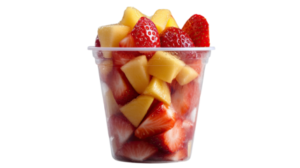 Freshly cut mixed fruit in clear plastic cup isolated on white background
