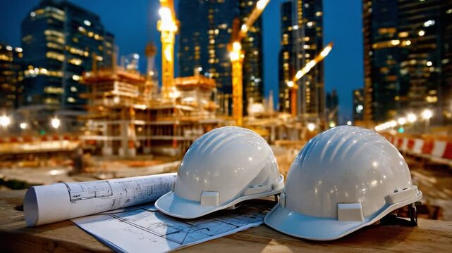 Blueprint of Progress: Two white helmets and a blueprint sit in the forefront of a construction site. A modern cityscape with illuminated buildings and cranes at work during night hours.
