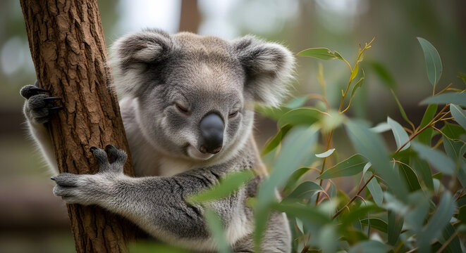 Gentle koala resting peacefully in tree, embraced by lush green foliage, serene wildlife scene
