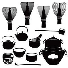 Illustration of tools used in Japanese tea ceremony,