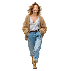Stylish Woman Walking Casual Fashion Photography isolated on transparent Background