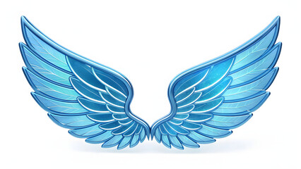 Obraz premium Stylized 3D blue holographic glass angel wings icon with glowing feathers and fantasy design on white background