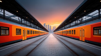 Fototapeta premium Sustainable transit solutions clean energy trains at a green city station during sunrise in an urban landscape
