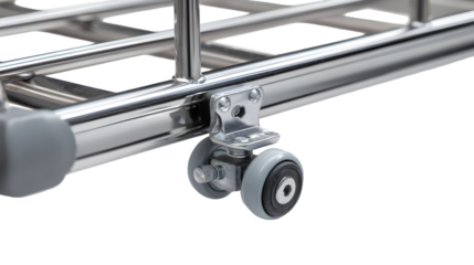 A close up of a metal rack with gray wheels and metal supports against a black background studio shot