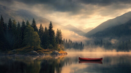 Calm lake at sunrise mountain landscape
