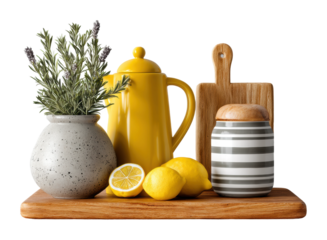 Kitchen with yellow pot lemons herbs and wooden board bright interior isolated on transparent background, png