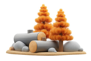Colorful orange trees and logs in nature 3d illustration outdoors. Isolated on transparent background, png.