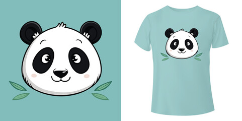 Cute Cartoon Panda Face with Bamboo Leaves for T-Shirt Design.