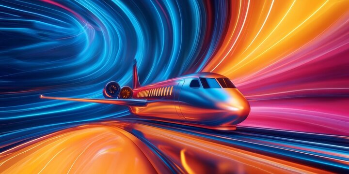 Futuristic Transportation A Sleek Aircraft Transforms Travel Through a Radiant Tunnel of Innovation