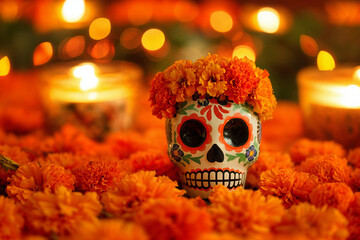 Anatomical skull model on a white surface with a minimalistic style - Concept of Day of the Dead (Dia de Muertos), halloween, anatomy