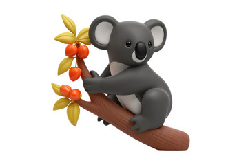 Playful koala climbing tree nature setting cute figurine art. Isolated on transparent background, png.