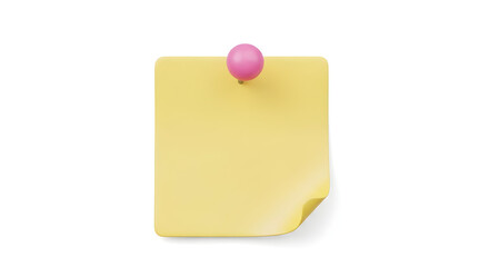 "Yellow Sticky Note Paper with Pink Pushpin Isolated on White Background Reminder Note Stationery Icon"