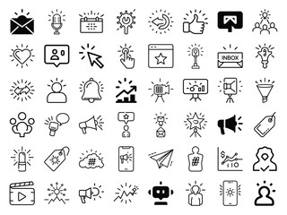 Fototapeta premium Digital Marketing and Communication Icon Set – Line Style Vector Pack Featuring Social Media, Email, Engagement, Analytics, SEO, and Content Marketing Elements for Web Design and Business Strategy