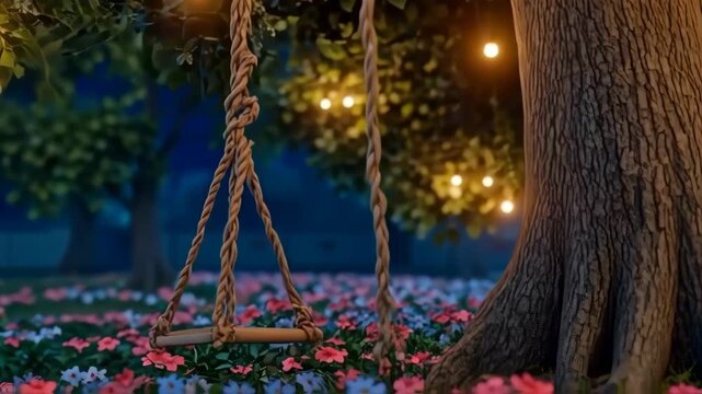 Nighttime swing in a floral garden with string lights