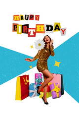 Vertical postcard happy birthday image collage artwork of funky woman shining dress style dancing gifts isolated on drawing background