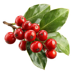 A cluster of red berries with green leaves on a branch against black background isolated on transparent background