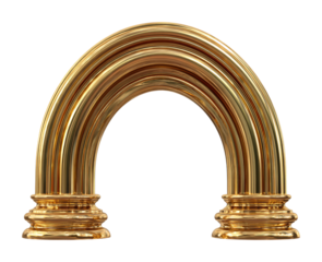 Golden arch sculpture installation urban environment modern front view isolated on transparent background, png
