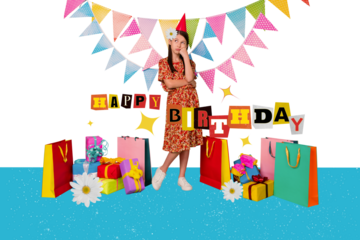 Creative abstract template collage of sad unhappy teen girl happy birthday have fun gift present party upset bags giftbox flowers bloom