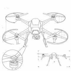 Detailed technical drawing of a drone showcasing its components, camera, and propeller design.