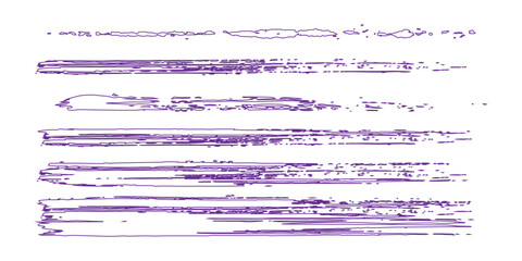 A curved purple ink vector line pack. Long, rounded hand-drawn brush strokes, highlighted text, frames, and circles. Modern Asian calligraphy. Eps 10.