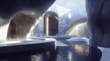 Abstract Futuristic Cave Architecture With Reflective Pool