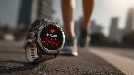 Close-up of smartwatch showing heart rate monitor, person jogging, modern fitness tracking, technology for heart health