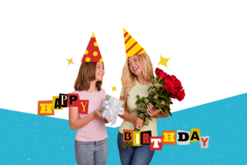 Happy birthday collage greetings family illustration cone hat mother receive gifts red roses and package isolated over beige background