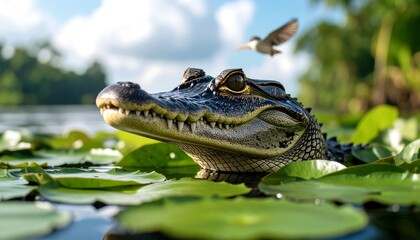 Obraz premium Young alligator in water with lily pads, bird in flight