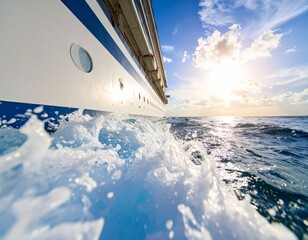 Close up of cruise ship on the sea, view from side below the water 