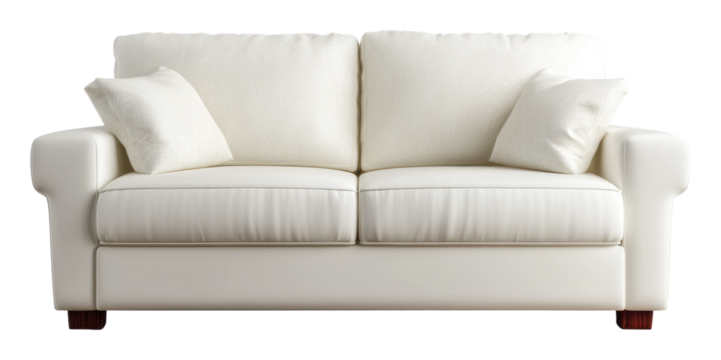 Relaxing white sofa design modern living room furniture showcase isolated on transparent background, png