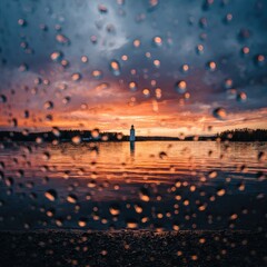 Fototapeta premium A dramatic sunset over water, seen through raindrops on glass