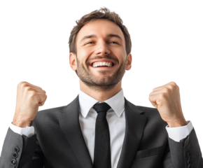 Celebrating success businessman grinning in office environment isolated on transparent background, png