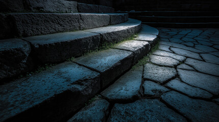 Stone steps and cobblestone path with dim lighting in the evening