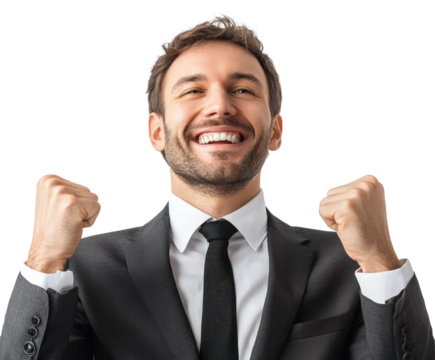 Celebrating success businessman grinning in office environment isolated on transparent background, png