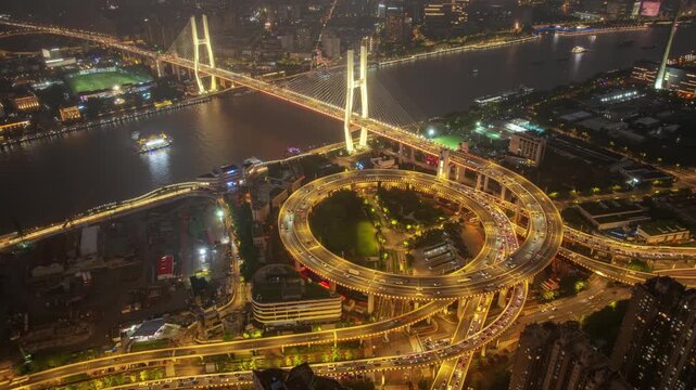 Night view of Shanghai Nanpu Bridge Spiral Approach