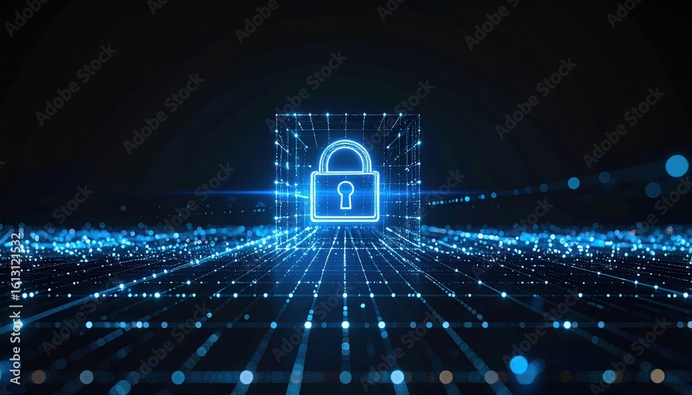 Poster digital security and data protection concept featu a glowing lock icon on a futuristic network backg