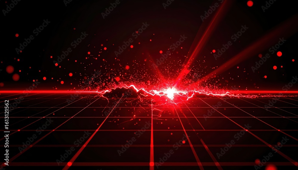 Poster futuristic digital landscape with vibrant red light effects and glowing grid pattern creating an ene
