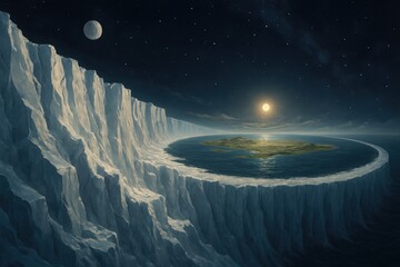 Futuristic Flat Earth with Ice Wall and Night Sky Full of Stars and Moons