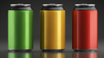 Three colorful aluminum cans aligned on a dark surface reflecting light