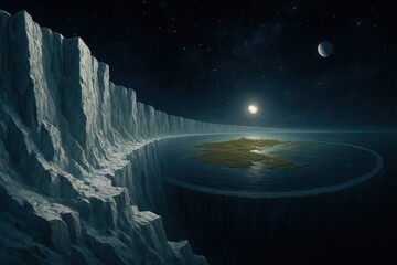 Futuristic Ice Planet Landscape with Ringed Ocean and Celestial Bodies at Night