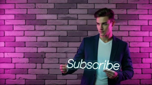 Stylish Man Holding "Subscribe" Neon Sign Against Brick Wall