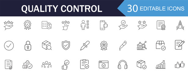 Quality Control line Icon Set. Features icons of certification, checklist, and product assurance. Perfect for business management apps and inspection reports.