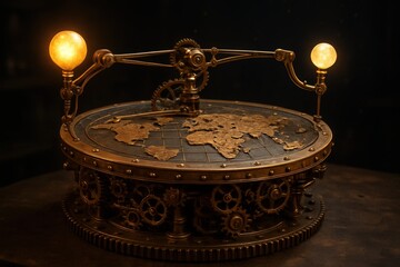 Steampunk World Map Globe with Gears and Light Bulbs in Vintage Style