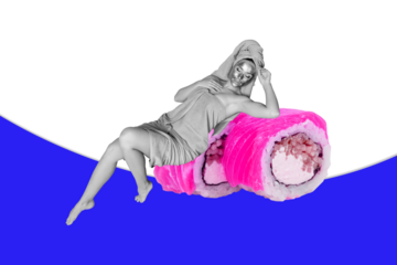 Creative drawing collage picture of beautiful female enjoy friday lying sushi relax spa salon bathing magazine surrealism metaphor