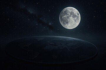 Large Bright Moon Over Earth Surface in Space Night Scene