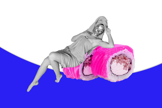 Creative drawing collage picture of beautiful female enjoy friday lying sushi relax spa salon bathing magazine surrealism metaphor