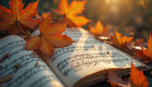 Sheet music surrounded by colorful autumn leaves outdoors - Powered by Adobe